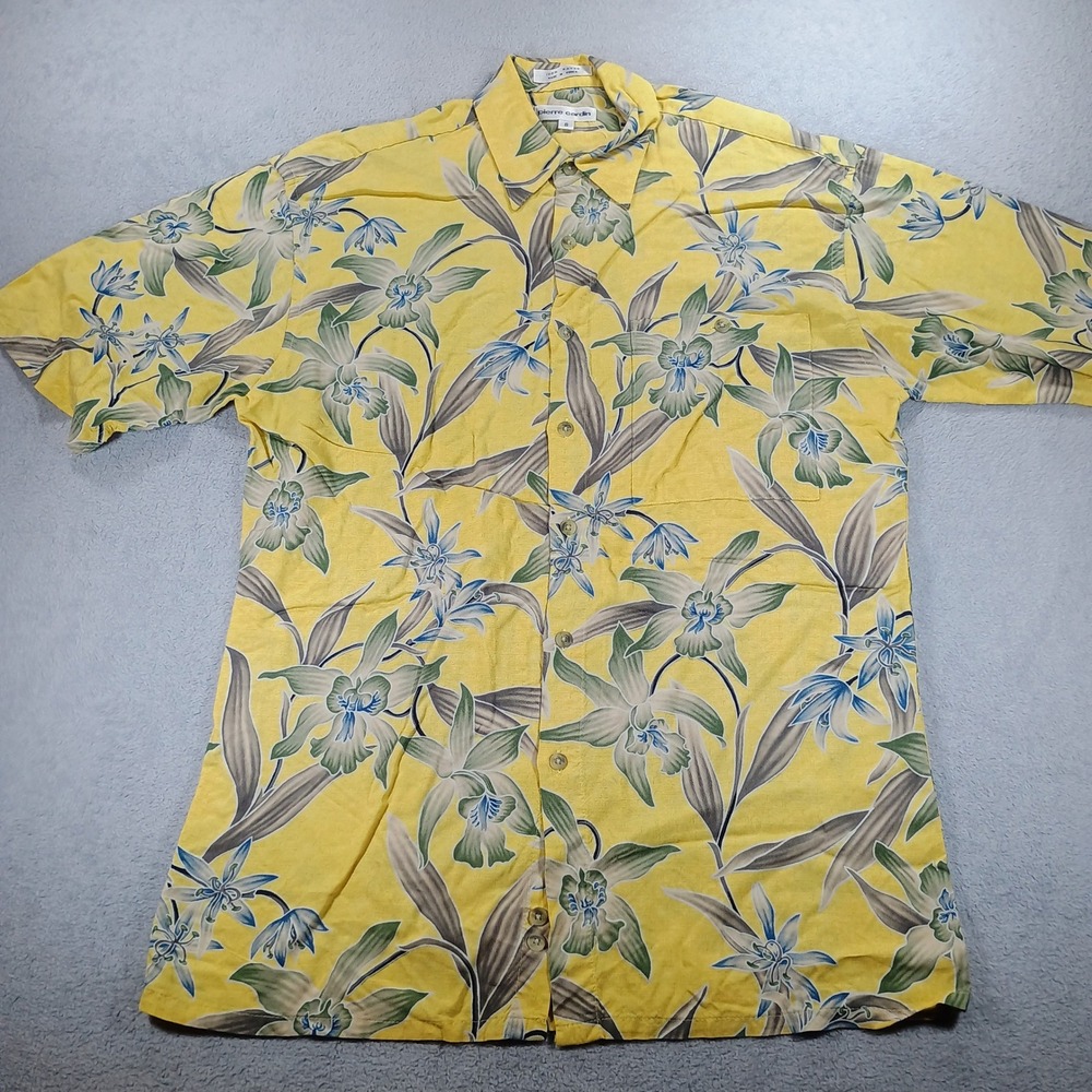 Pierre Cardin Mens Button Down Yellow S Tropical Floral Rayon Hawaiian Shirt